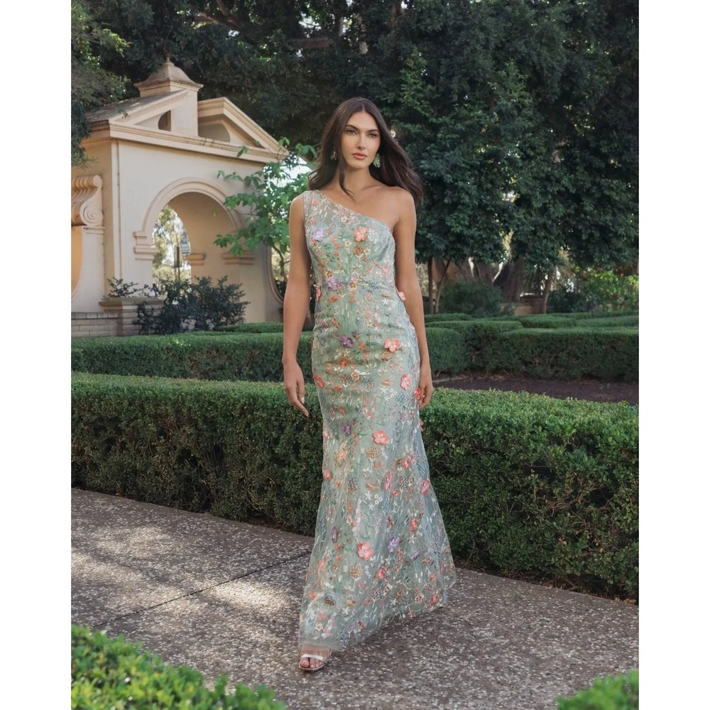 Mac Duggal One-Shoulder Floral Gown in Mint with Pink & Purple Accents - Picture 2 of 15